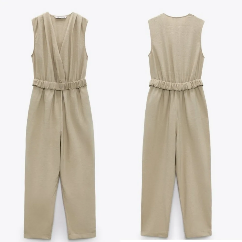 New Zara Textured Linen Blend V-Neck Sleeveless Belted Tan Jumpsuit NWT Size M